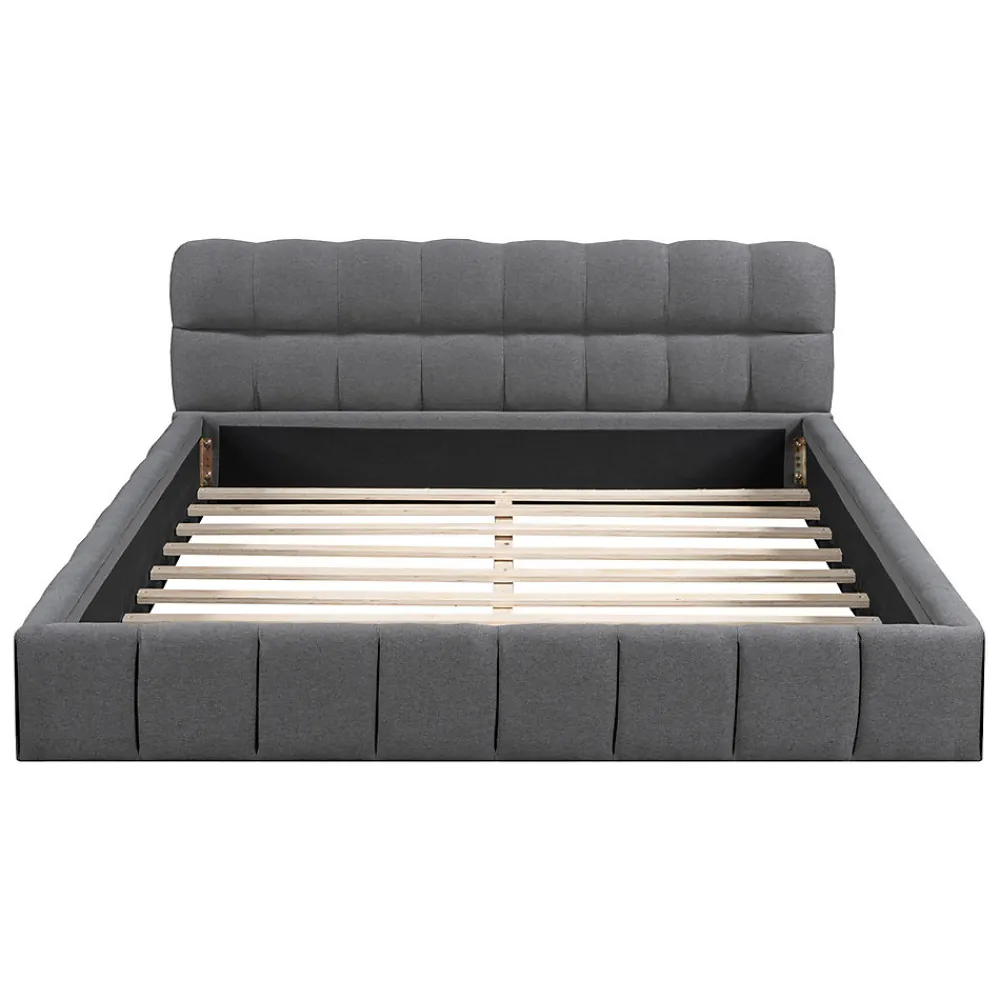 Lit double rembourré 140x190cm, avec dossier souple, lit plat avec encadrement rembourré et sommier à lattes, lin, gris>Gutent New