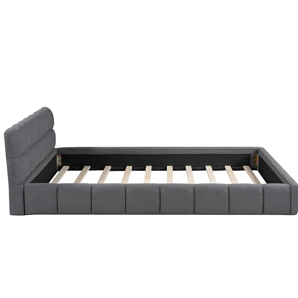 Lit double rembourré 140x190cm, avec dossier souple, lit plat avec encadrement rembourré et sommier à lattes, lin, gris>Gutent New