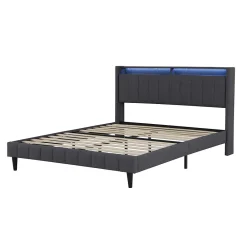Lit Double Rembourré 140x200cm, Cadre de lit avec LED et Prise USB, sommier à Lattes, Gris>Simple Life New