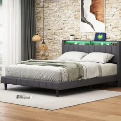 Lit Double Rembourré 140x200cm, Cadre de lit avec LED et Prise USB, sommier à Lattes, Gris>Simple Life New