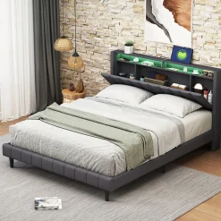 Lit Double Rembourré 140x200cm, Cadre de lit avec LED et Prise USB, sommier à Lattes, Gris><noscript><img width=
