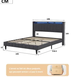 Lit Double Rembourré 140x200cm, Cadre de lit avec LED et Prise USB, sommier à Lattes, Gris><noscript><img width=
