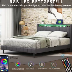 Lit Double Rembourré 140x200cm, Cadre de lit avec LED et Prise USB, sommier à Lattes, Gris><noscript><img width=