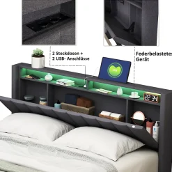 Lit Double Rembourré 140x200cm, Cadre de lit avec LED et Prise USB, sommier à Lattes, Gris><noscript><img width=