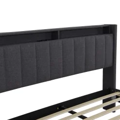 Lit Double Rembourré 140x200cm, Cadre de lit avec LED et Prise USB, sommier à Lattes, Gris><noscript><img width=