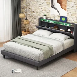 Simple Life Lit Double Rembourré 160x200cm, Cadre de lit avec LED et Prise USB, sommier à Lattes, Gris* Lit Coffre