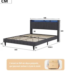 Simple Life Lit Double Rembourré 160x200cm, Cadre de lit avec LED et Prise USB, sommier à Lattes, Gris* Lit Coffre