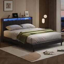 Simple Life Lit Double Rembourré 160x200cm, Cadre de lit avec LED et Prise USB, sommier à Lattes, Gris* Lit Coffre