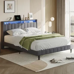 Simple Life Lit Double Rembourré 160x200cm, Cadre de lit avec LED et Prise USB, sommier à Lattes, Gris* Lit Coffre