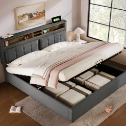 Lit double rembourré 160x200cm, lit de rangement, avec prise usb c fonction de chargement tête de lit,sommier à lattes, lin, gris>Gutent Best