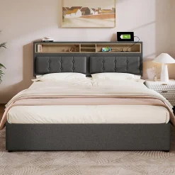 Lit double rembourré 160x200cm, lit de rangement, avec prise usb c fonction de chargement tête de lit,sommier à lattes, lin, gris>Gutent Best