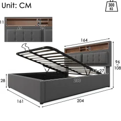 Lit double rembourré 160x200cm, lit de rangement, avec prise usb c fonction de chargement tête de lit,sommier à lattes, lin, gris><noscript><img width=