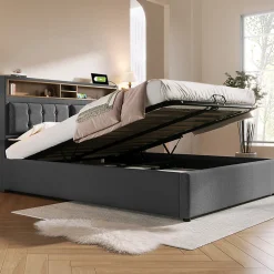 Lit double rembourré 160x200cm, lit de rangement, avec prise usb c fonction de chargement tête de lit,sommier à lattes, lin, gris><noscript><img width=