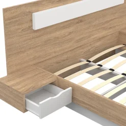 IDMarket Lit double SANTA avec tête de lit + tables de chevet intégrées et sommier 140 x 190 cm bois et blanc* Lit Avec Rangement