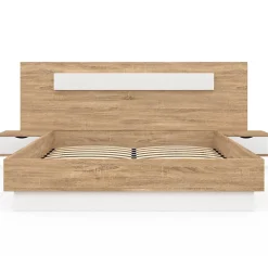 IDMarket Lit double SANTA avec tête de lit + tables de chevet intégrées et sommier 140 x 190 cm bois et blanc* Lit Avec Rangement