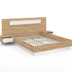 IDMarket Lit double SANTA avec tête de lit + tables de chevet intégrées et sommier 140 x 190 cm bois et blanc* Lit Avec Rangement