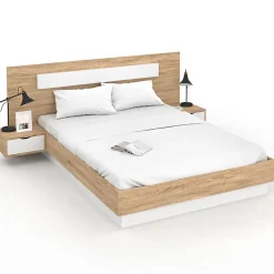 IDMarket Lit double SANTA avec tête de lit + tables de chevet intégrées et sommier 140 x 190 cm bois et blanc* Lit Avec Rangement