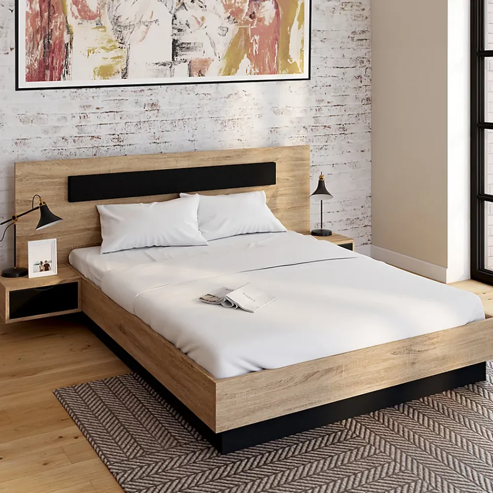 IDMarket Lit double SANTA avec tête de lit + tables de chevet intégrées et sommier 140 x 190 cm bois et noir* Lit Avec Rangement