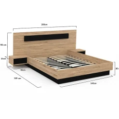 IDMarket Lit double SANTA avec tête de lit + tables de chevet intégrées et sommier 140 x 190 cm bois et noir* Lit Avec Rangement