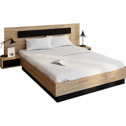 IDMarket Lit double SANTA avec tête de lit + tables de chevet intégrées et sommier 140 x 190 cm bois et noir* Lit Avec Rangement