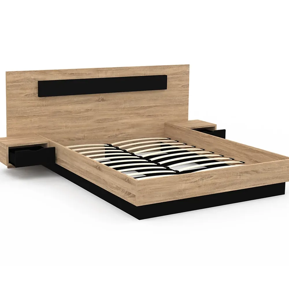 IDMarket Lit double SANTA avec tête de lit + tables de chevet intégrées et sommier 140 x 190 cm bois et noir* Lit Avec Rangement