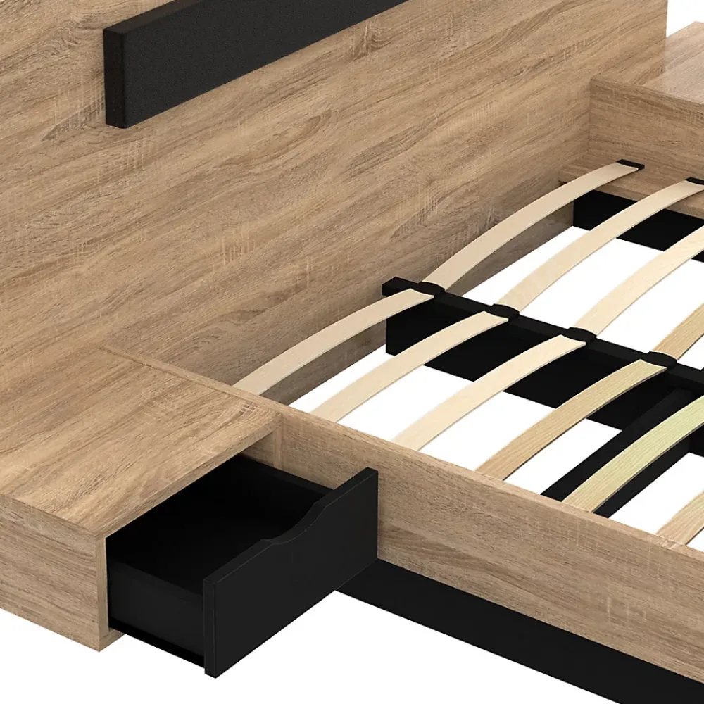IDMarket Lit double SANTA avec tête de lit + tables de chevet intégrées et sommier 140 x 190 cm bois et noir* Lit Avec Rangement