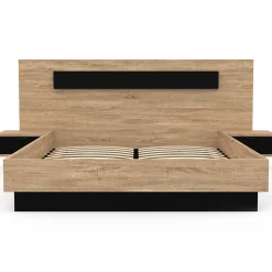 IDMarket Lit double SANTA avec tête de lit + tables de chevet intégrées et sommier 140 x 190 cm bois et noir* Lit Avec Rangement