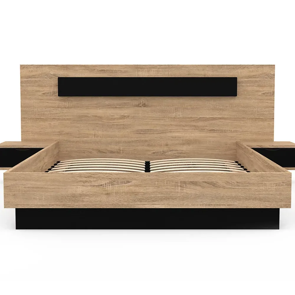 IDMarket Lit double SANTA avec tête de lit + tables de chevet intégrées et sommier 140 x 190 cm bois et noir* Lit Avec Rangement