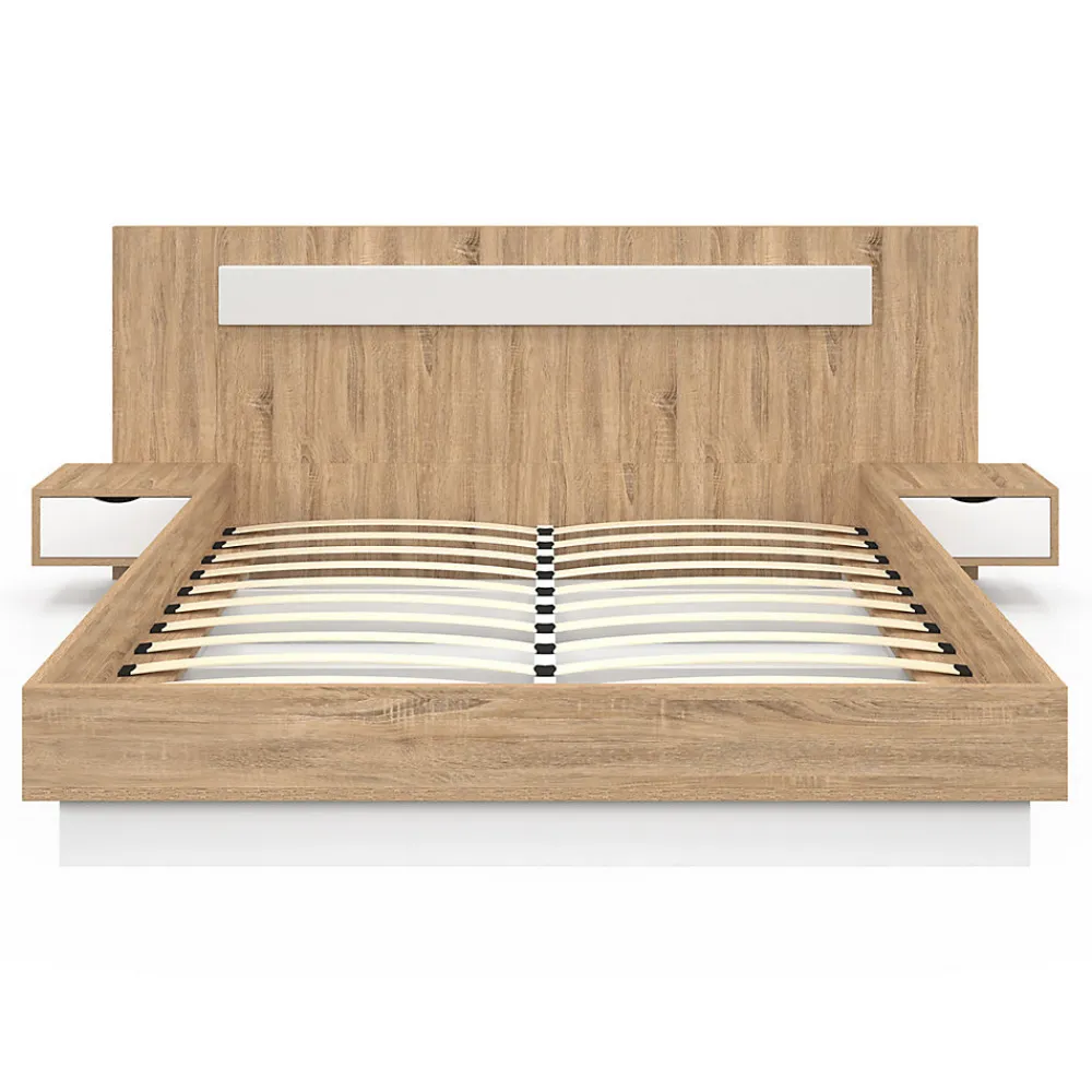 Lit double SANTA avec tête de lit + tables de chevet intégrées et sommier 160 x 200 cm bois et blanc>IDMarket Sale