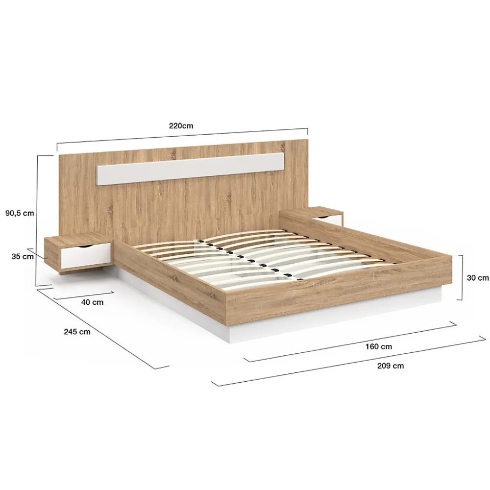 Lit double SANTA avec tête de lit + tables de chevet intégrées et sommier 160 x 200 cm bois et blanc>IDMarket Sale