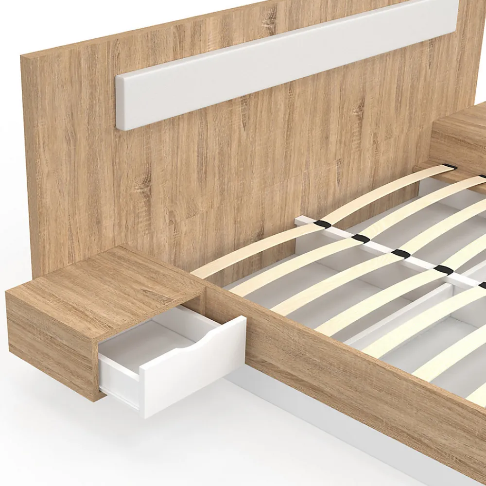 Lit double SANTA avec tête de lit + tables de chevet intégrées et sommier 160 x 200 cm bois et blanc>IDMarket Sale