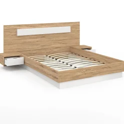Lit double SANTA avec tête de lit + tables de chevet intégrées et sommier 160 x 200 cm bois et blanc><noscript><img width=