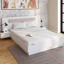 Lit double SANTA avec tête de lit + tables de chevet intégrées et sommier 140 x 190 cm blanc>IDMarket