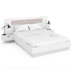 Lit double SANTA avec tête de lit + tables de chevet intégrées et sommier 140 x 190 cm blanc>IDMarket