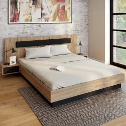 Lit double SANTA avec tête de lit + tables de chevet intégrées et sommier 160 x 200 cm bois et noir>IDMarket
