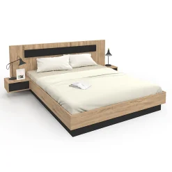Lit double SANTA avec tête de lit + tables de chevet intégrées et sommier 160 x 200 cm bois et noir>IDMarket