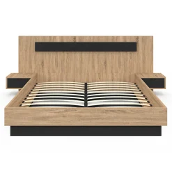 Lit double SANTA avec tête de lit + tables de chevet intégrées et sommier 160 x 200 cm bois et noir><noscript><img width=