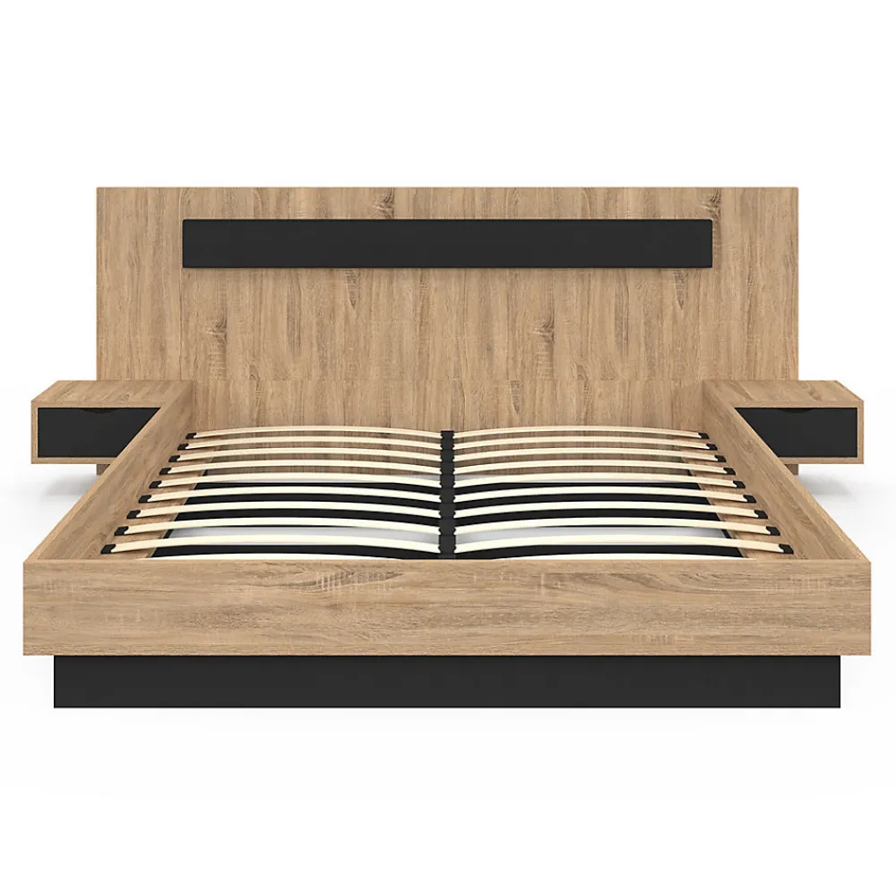 Lit double SANTA avec tête de lit + tables de chevet intégrées et sommier 160 x 200 cm bois et noir>IDMarket