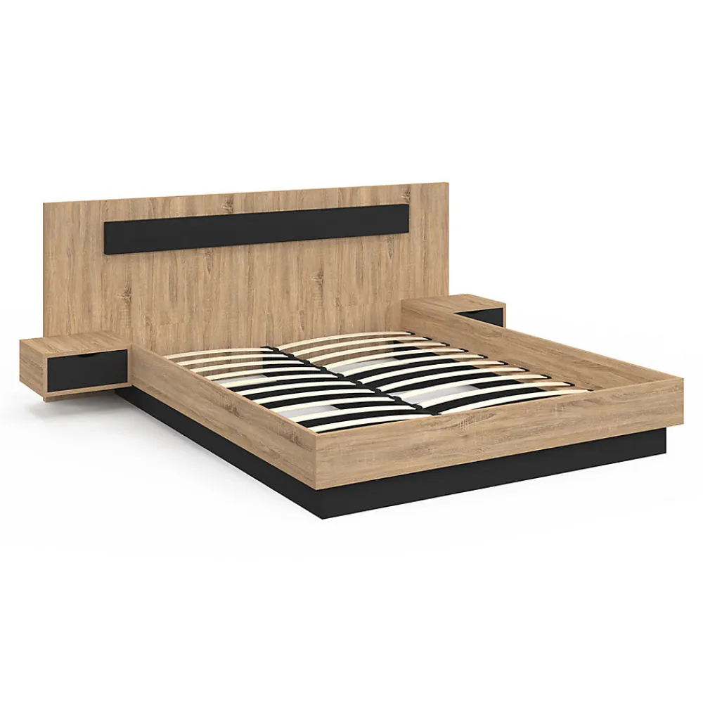 Lit double SANTA avec tête de lit + tables de chevet intégrées et sommier 160 x 200 cm bois et noir>IDMarket
