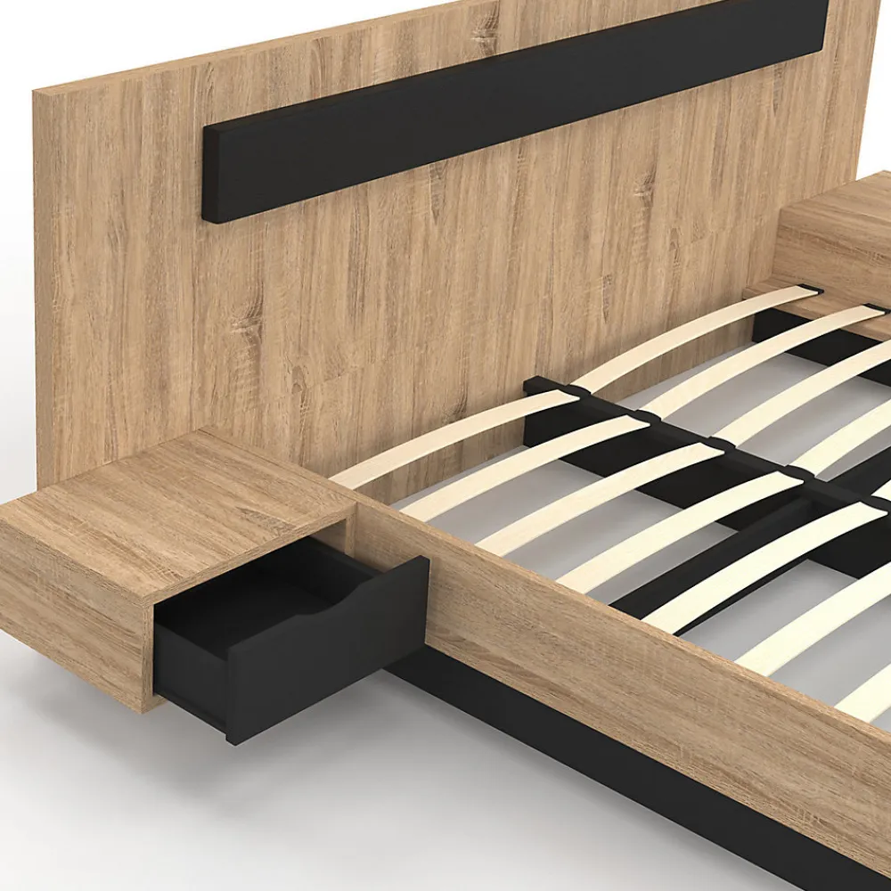 Lit double SANTA avec tête de lit + tables de chevet intégrées et sommier 160 x 200 cm bois et noir>IDMarket