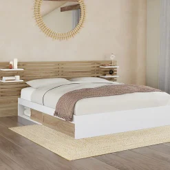 Lit double SAVANA avec tête de lit, chevets, rangements et sommier 160 x 200 cm façon hêtre et blanc>IDMarket New