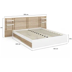 Lit double SAVANA avec tête de lit, chevets, rangements et sommier 160 x 200 cm façon hêtre et blanc><noscript><img width=