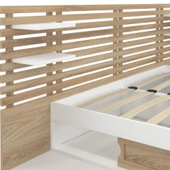 Lit double SAVANA avec tête de lit, chevets, rangements et sommier 160 x 200 cm façon hêtre et blanc><noscript><img width=
