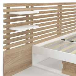 IDMarket Lit double SAVANA avec tête de lit, chevets, rangements et sommier 140 x 190 cm hêtre et blanc* Lit Avec Rangement