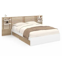 IDMarket Lit double SAVANA avec tête de lit, chevets, rangements et sommier 140 x 190 cm hêtre et blanc* Lit Avec Rangement