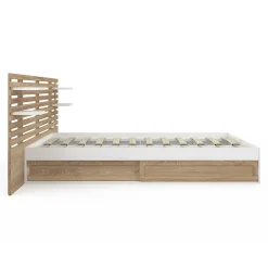 IDMarket Lit double SAVANA avec tête de lit, chevets, rangements et sommier 140 x 190 cm hêtre et blanc* Lit Avec Rangement