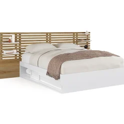 IDMarket Lit double SAVANA avec tête de lit, chevets, rangements et sommier 140 x 190 cm blanc et façon hêtre* Lit Avec Rangement