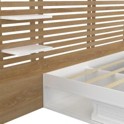 IDMarket Lit double SAVANA avec tête de lit, chevets, rangements et sommier 140 x 190 cm blanc et façon hêtre* Lit Avec Rangement