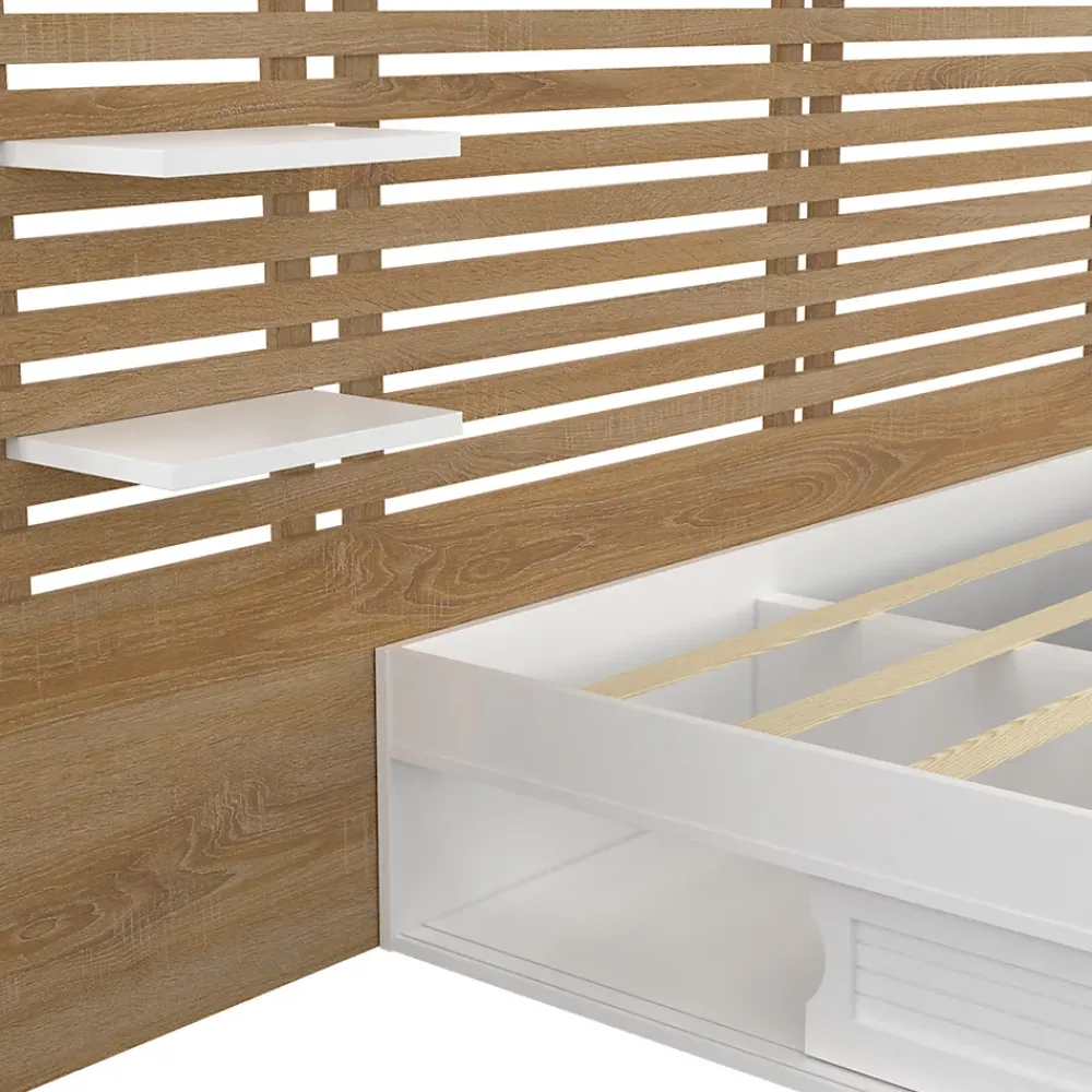 IDMarket Lit double SAVANA avec tête de lit, chevets, rangements et sommier 140 x 190 cm blanc et façon hêtre* Lit Avec Rangement