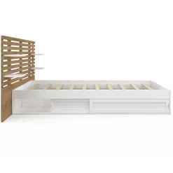 IDMarket Lit double SAVANA avec tête de lit, chevets, rangements et sommier 140 x 190 cm blanc et façon hêtre* Lit Avec Rangement